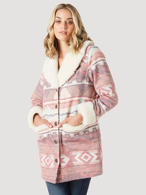 Plus Size Geo Print Hooded Wrap Coat