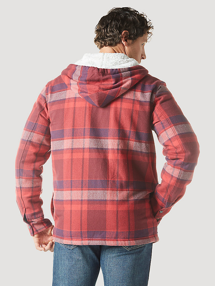 Men's Wrangler Sherpa Lined Flannel Hooded Shirt Jacket in Garnet alternative view