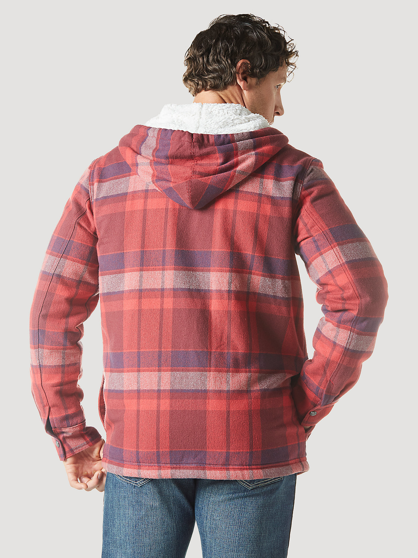 Men's Wrangler Sherpa Lined Flannel Hooded Shirt Jacket in Garnet alternative view 1
