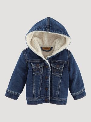 Fleece lined denim store jacket with hood