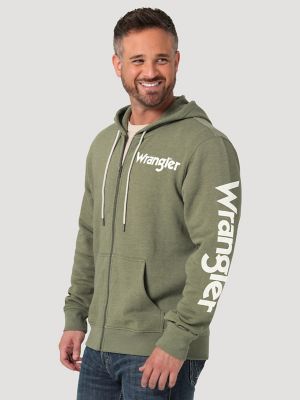 Men s Wrangler Logo Sleeve Full Zip Hoodie in Lichen Green Heather