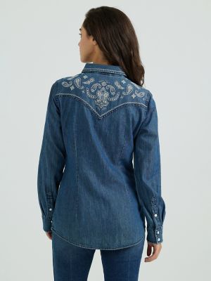 Women's Wrangler Embroidered Yoke Denim Snap Shirt in Indigo