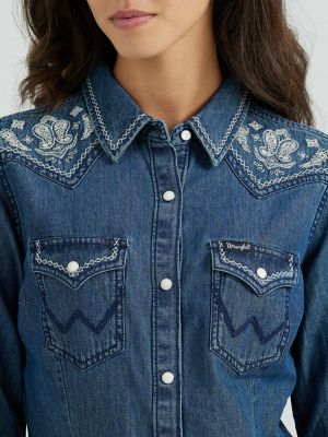 Women's Wrangler Woven Back Boyfriend Denim Western Snap Shirt