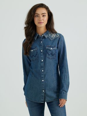 Women's Wrangler Embroidered Yoke Denim Snap Shirt in Indigo