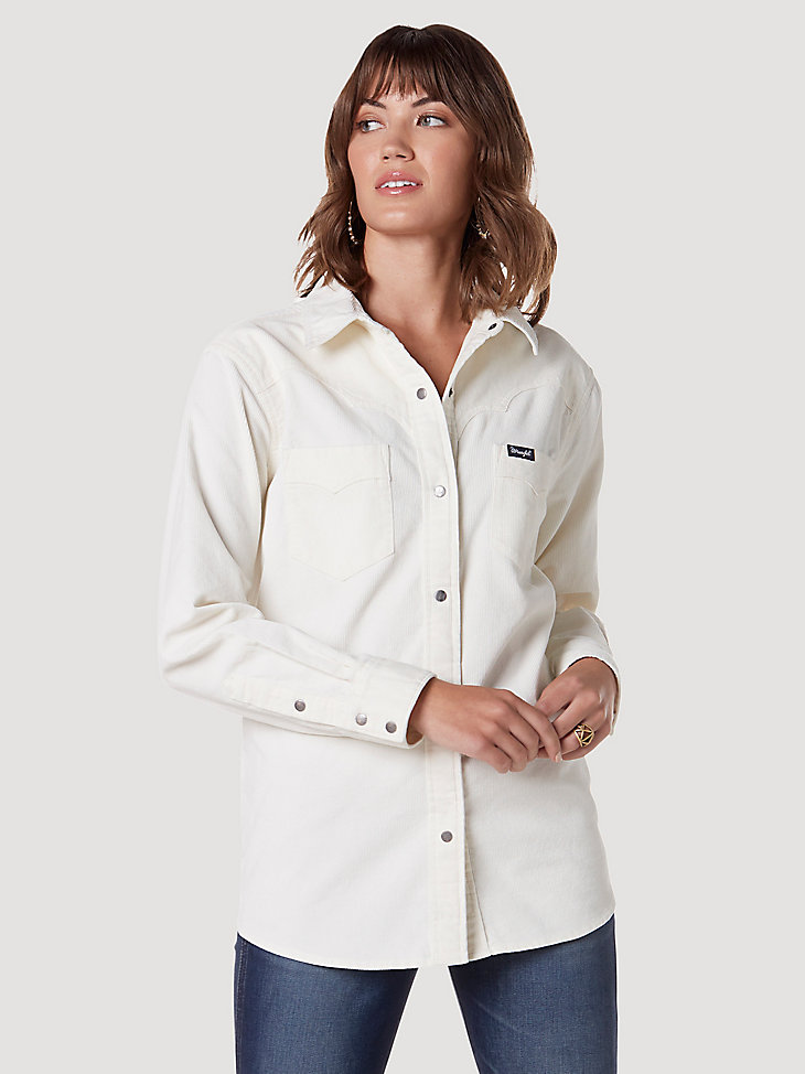 Women's Wrangler Long Sleeve Corduroy Western Snap Shirt in White main view