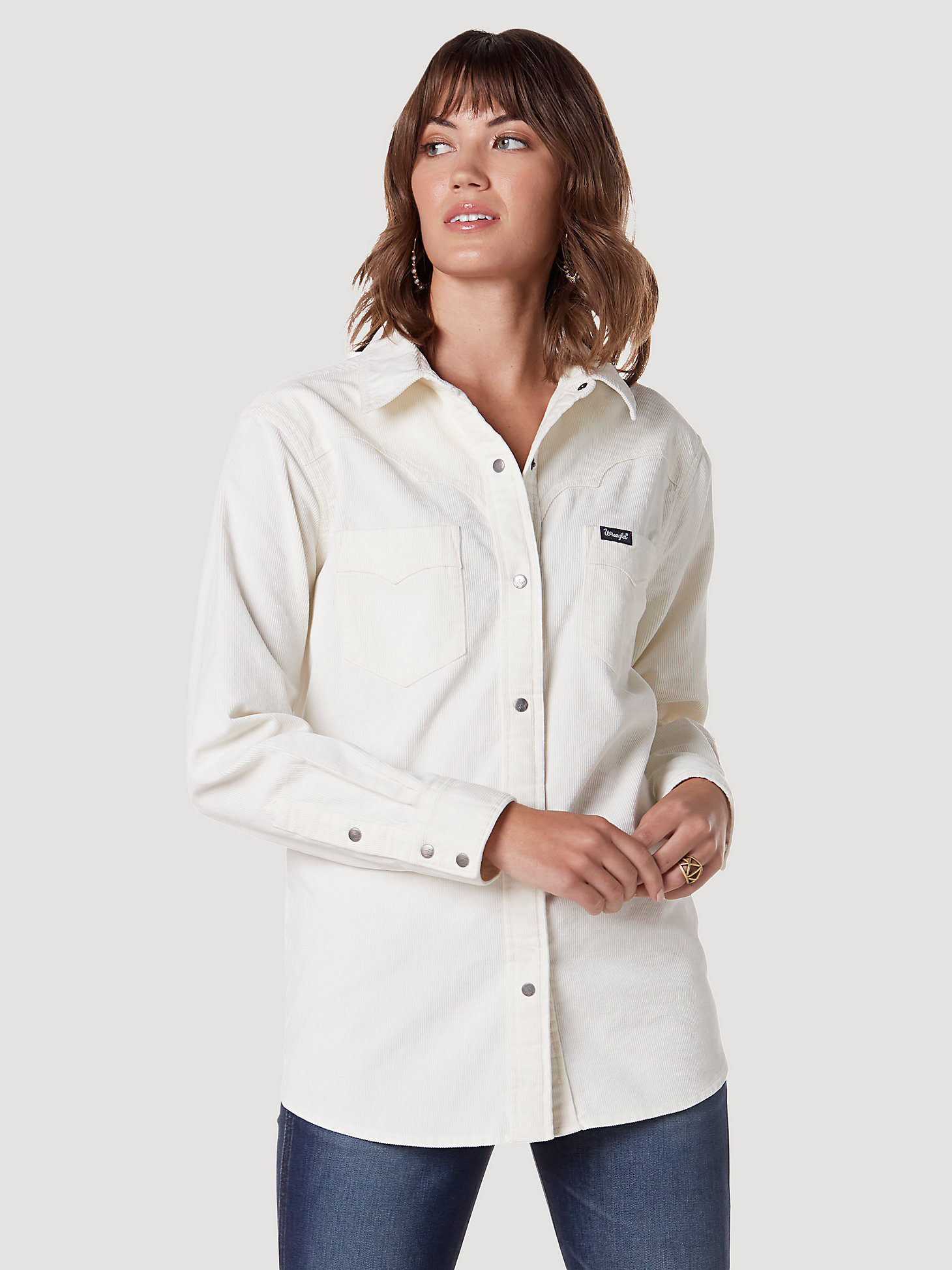 Women's Wrangler Long Sleeve Corduroy Western Snap Shirt in White main view