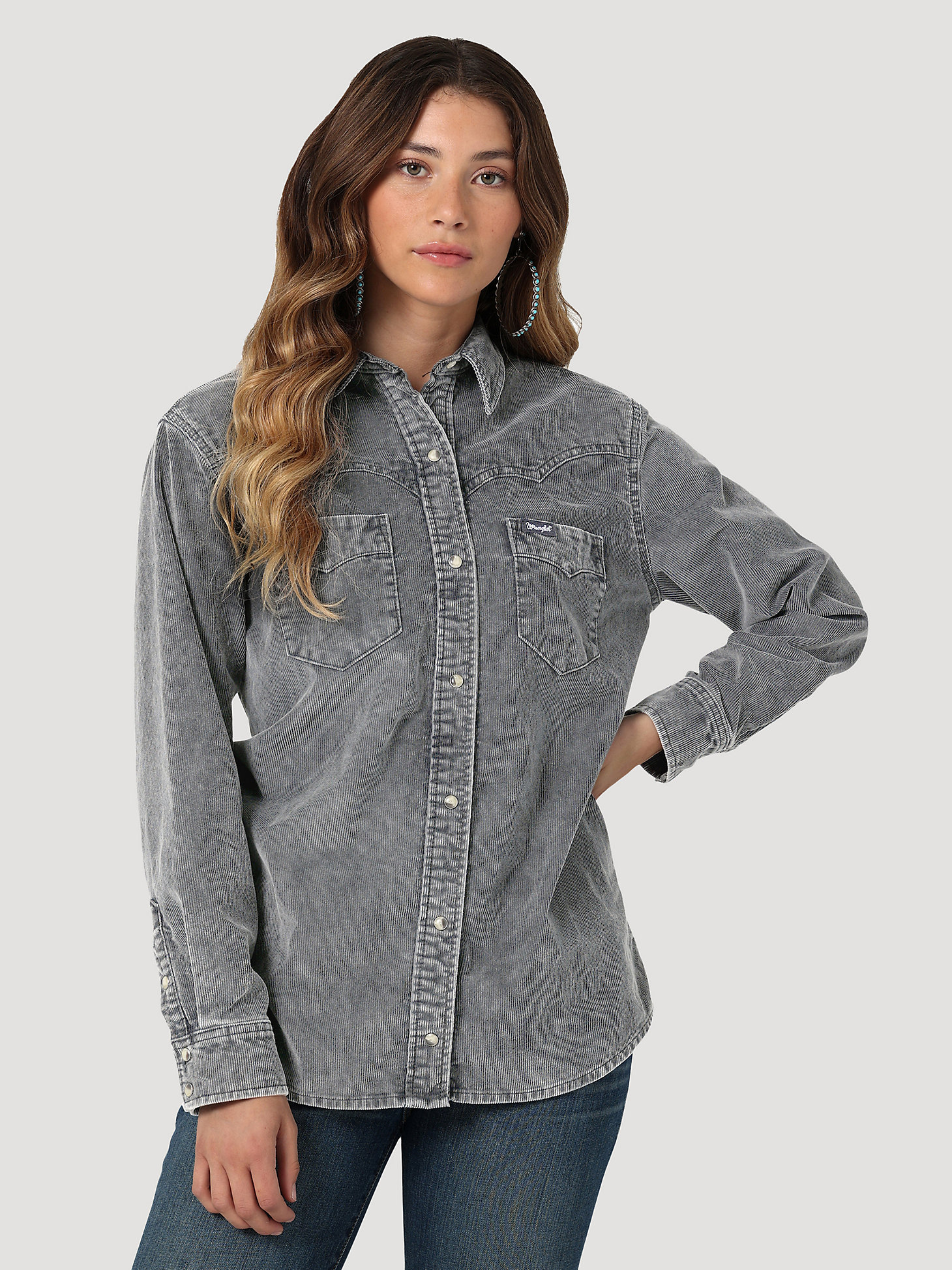 Women's Wrangler Corduroy Fade Western Snap Shirt in Grey main view