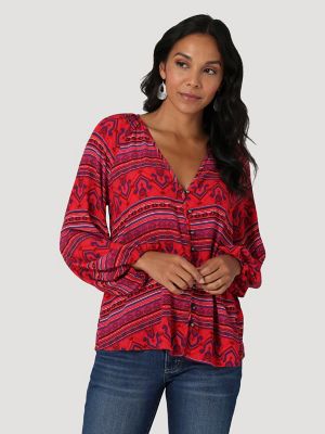 Lucky Brand, Tops, Lucky Brand Red Floral Boho Style Cropped Sleeve Womens  Shirt
