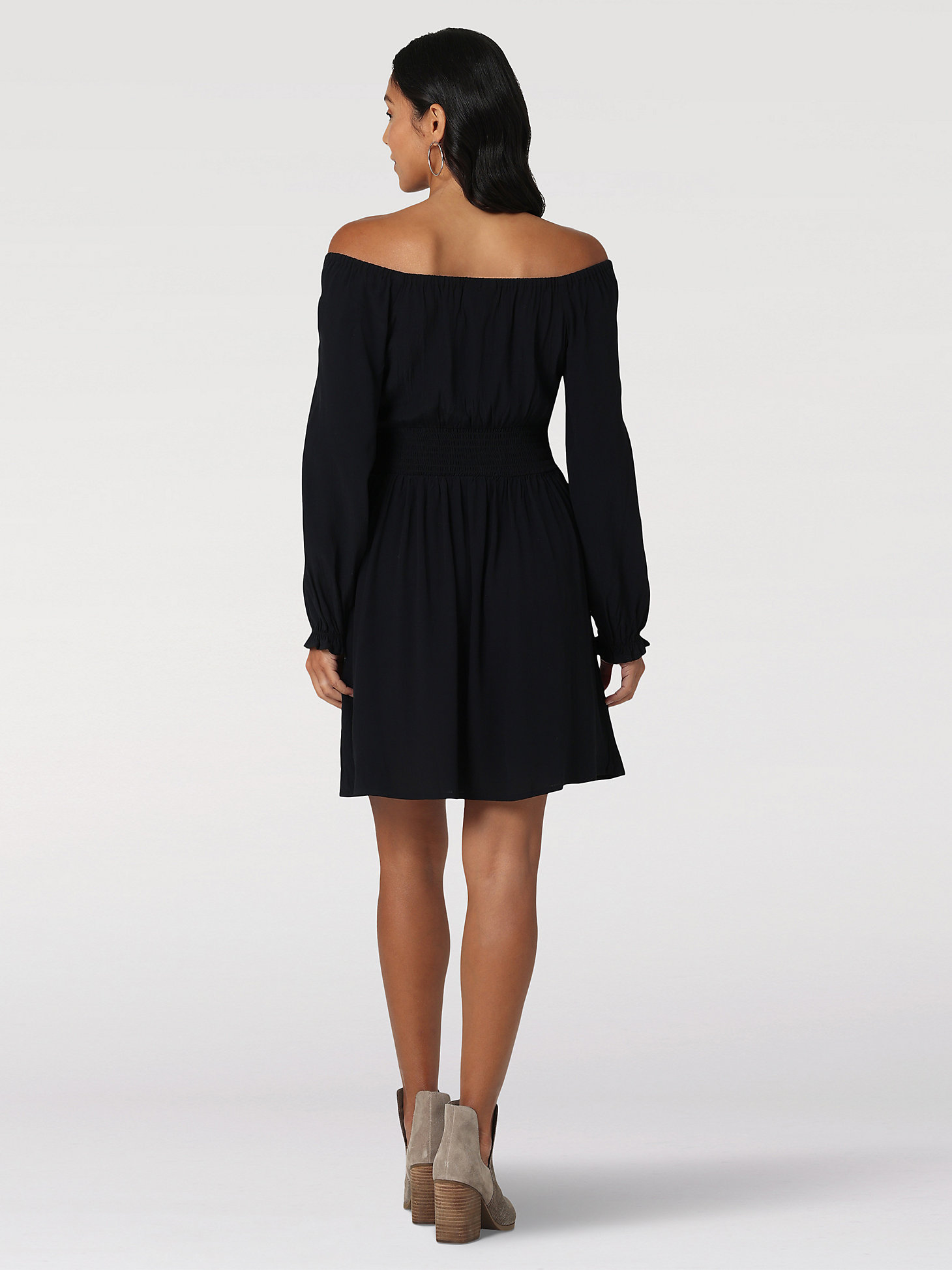 Women's Off Shoulder Smocked Corset Waist Mini Dress in Black Beauty alternative view 2