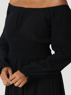 Women's Off Shoulder Smocked Corset Waist Mini Dress in Black Beauty