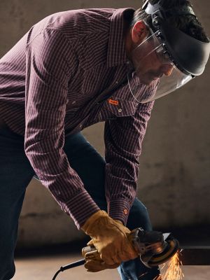 Men's Wrangler® FR Flame Resistant Long Sleeve Western Snap Plaid Shirt in Tawny Port main view