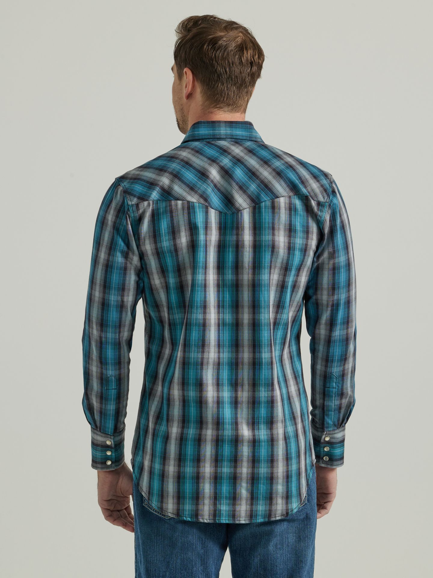 Мужская рубашка Wrangler FR Flame-Resistant Long Sleeve Western Snap Plaid, цвет: Чёрный бирюзовый — фото 3