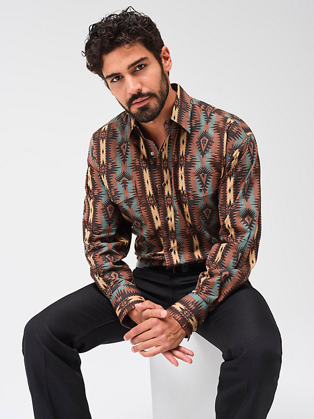 Men's Checotah® Long Sleeve Western Snap Printed Shirt in Chocolate Brown