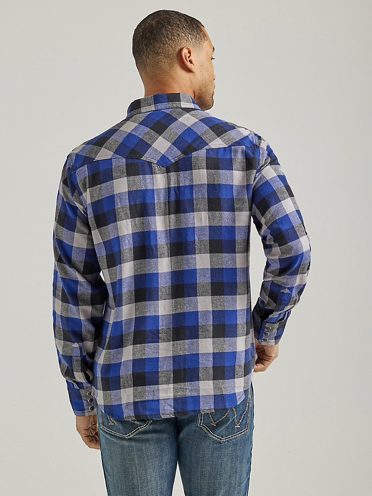 Men's Wrangler Retro® Long Sleeve Flannel Western Snap Plaid Shirt in Buffalo Blue alternative view