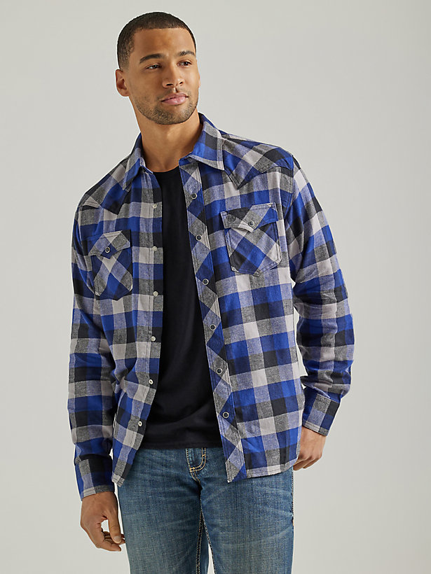 Men's Wrangler Retro® Long Sleeve Flannel Western Snap Plaid Shirt in Buffalo Blue