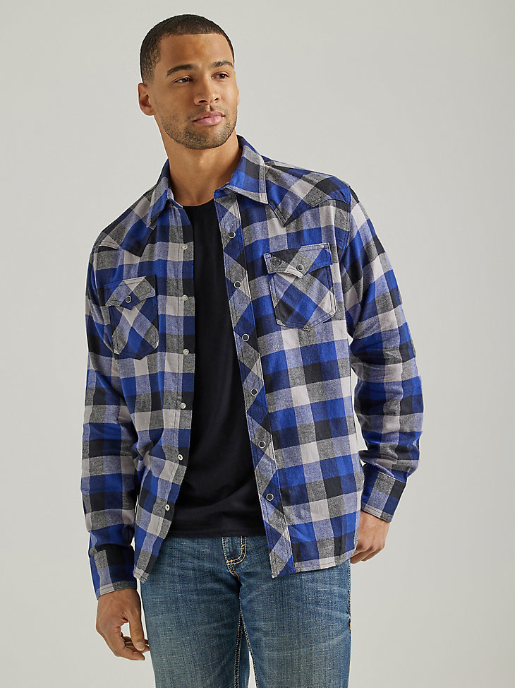 Men's Wrangler Retro® Long Sleeve Flannel Western Snap Plaid Shirt in Buffalo Blue main view