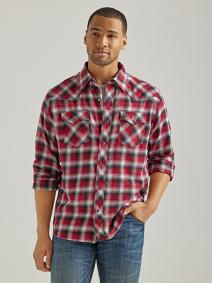 Men's Wrangler Retro® Long Sleeve Flannel Western Snap Plaid Shirt in Stormy Red main view