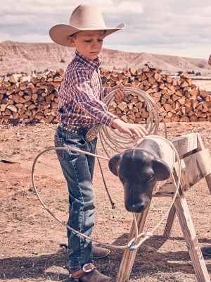 Boy's Wrangler Retro® Western Snap Plaid Shirt with Front Sawtooth Pockets  in Red Grey Plaid