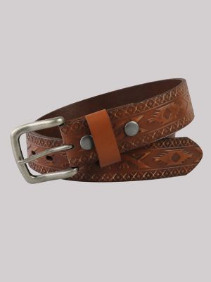 Western tooled pattern embossed leather jean belt