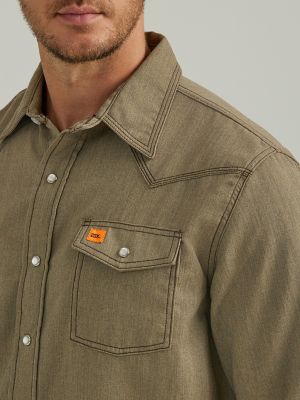 Men's Wrangler&reg; FR Flame Resistant 20X Western Snap Solid Shirt in Heathered Khaki alternative view 4