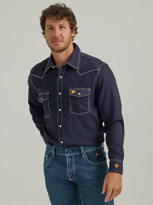Men's Wrangler® FR Flame Resistant 20X Western Snap Solid Shirt in Navy