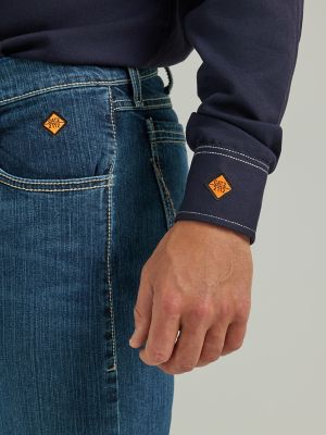 Men's Wrangler® FR Flame Resistant 20X Western Snap Solid Shirt in Navy