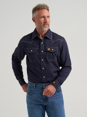 Wrangler® FR Flame-Resistant 20X®  Western Snap Solid Shirt in Navy