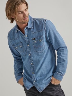 Wrangler Men's Retro Long Sleeve Denim Shirt - L - Blue