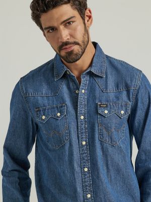 Mens denim shirt sales pearl snaps