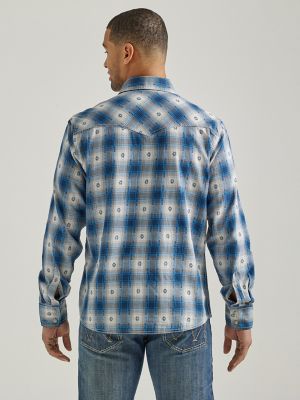 Men's Wrangler Retro® Long Sleeve Western Snap Plaid Overprint Shirt in  Blue Geo Overprint