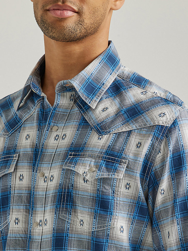Men's Wrangler Retro® Long Sleeve Western Snap Plaid Overprint Shirt in Blue Geo Overprint alternative view 2