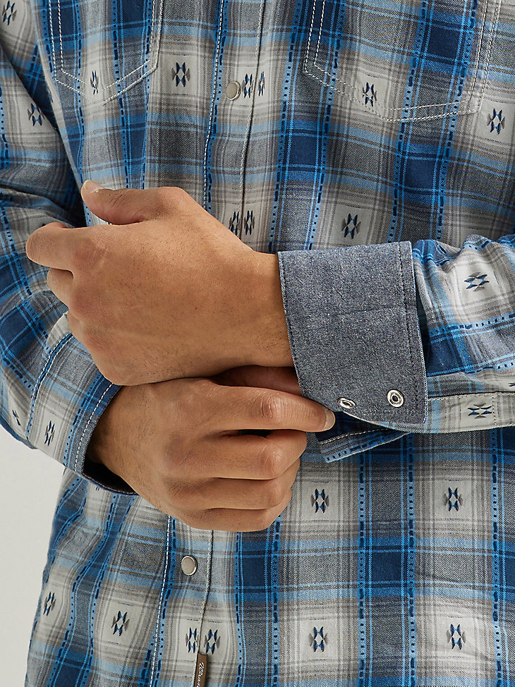 Men's Wrangler Retro® Long Sleeve Western Snap Plaid Overprint Shirt in Blue Geo Overprint alternative view 3