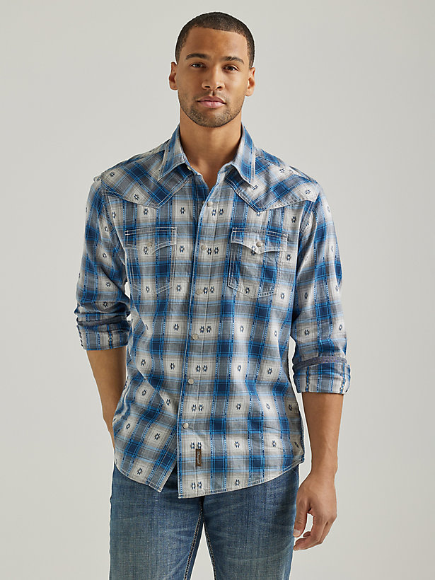 Men's Wrangler Retro® Long Sleeve Western Snap Plaid Overprint Shirt in Blue Geo Overprint