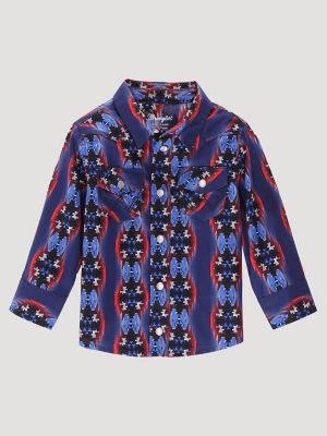 Boy's Wrangler 'Checotah' Retro Print Long Sleeve Pearl Snap Western Shirt  (0/2 to 10/12)