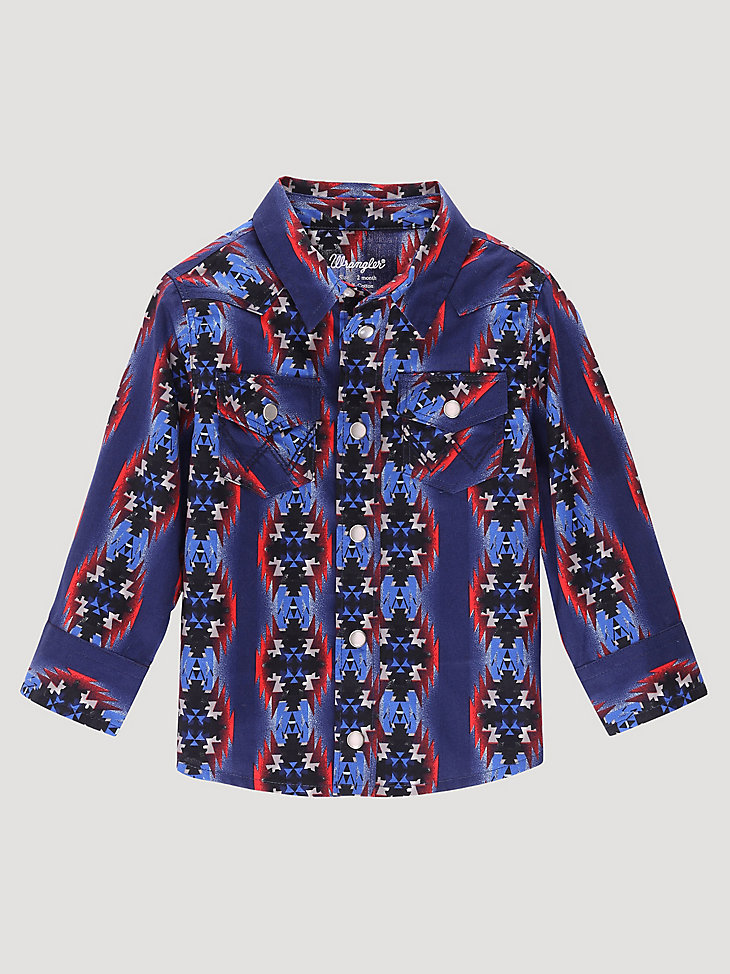 Little Boy Checotah Print Long Sleeve Snap Front Western Shirt in Blue main view