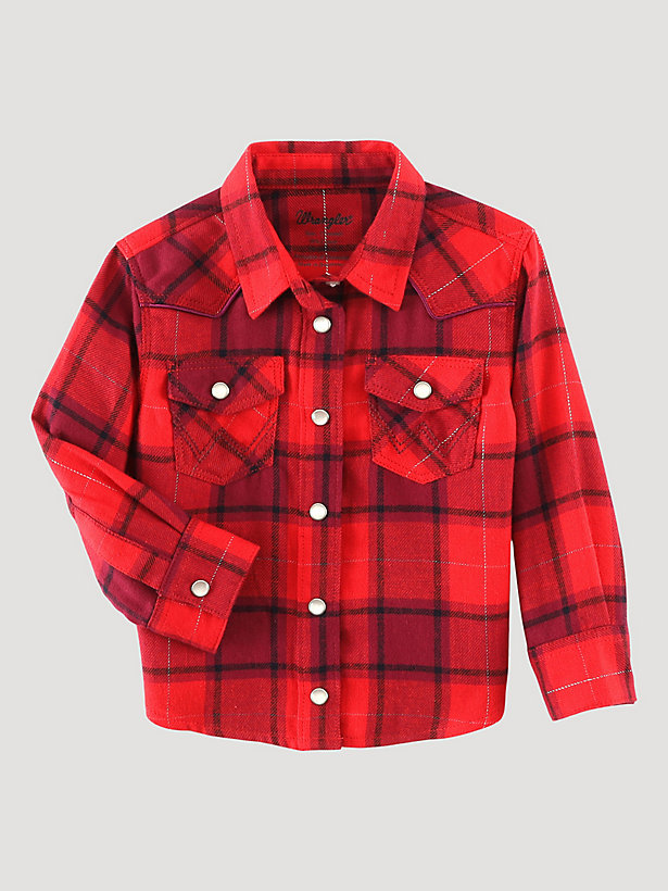 Little Girl's Plaid Flannel Western Snap Shirt in Red