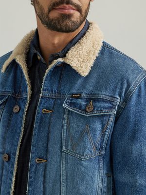 Men's Wrangler® Sherpa Lined Denim Jacket in Mid Wash