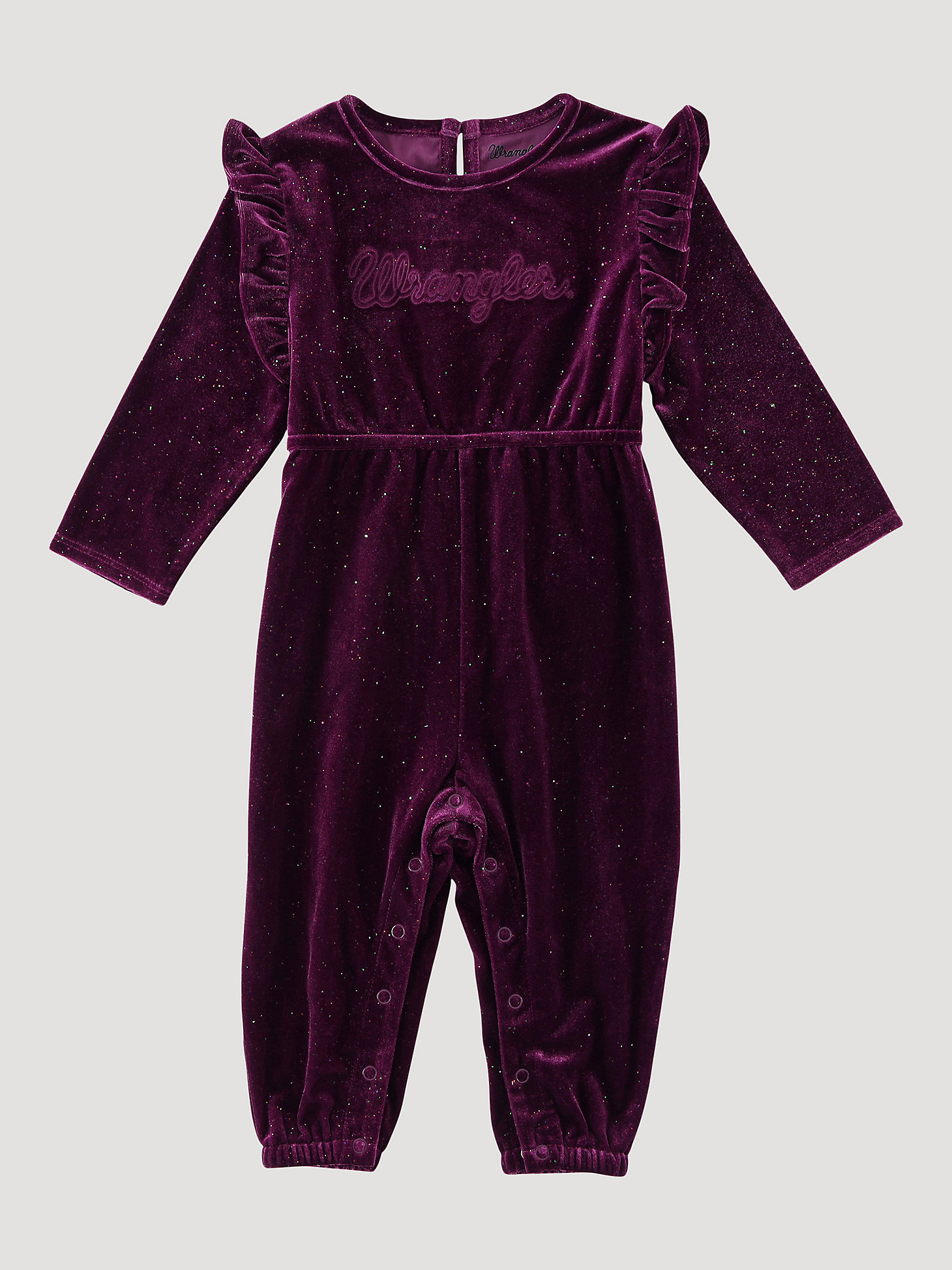 Baby Girl's Long Sleeve Velvet Logo Playsuit in Dark Purple main view