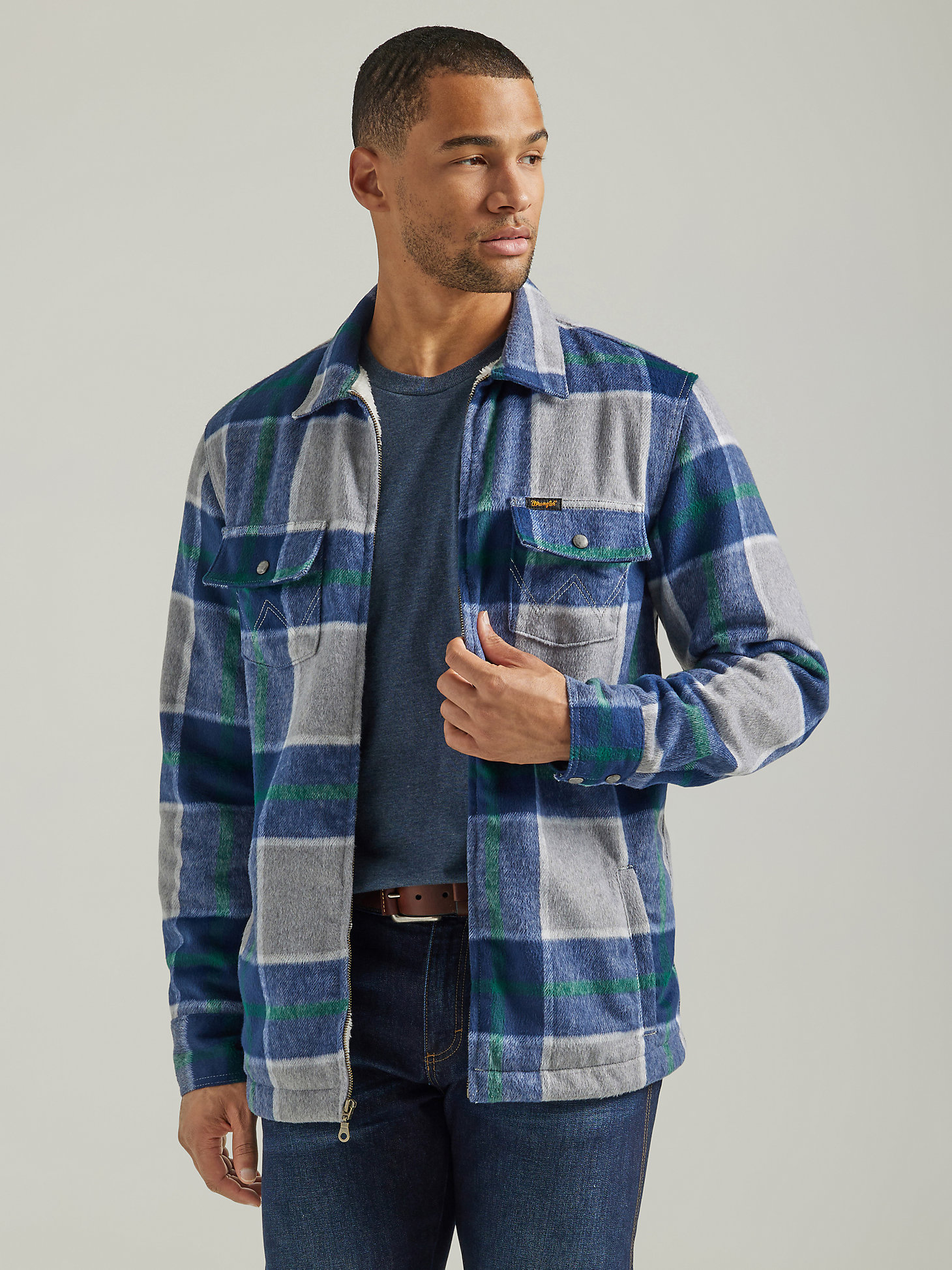 Men's Wrangler Full Zip Sherpa Lined Flannel Shirt Jacket in Pebble main view