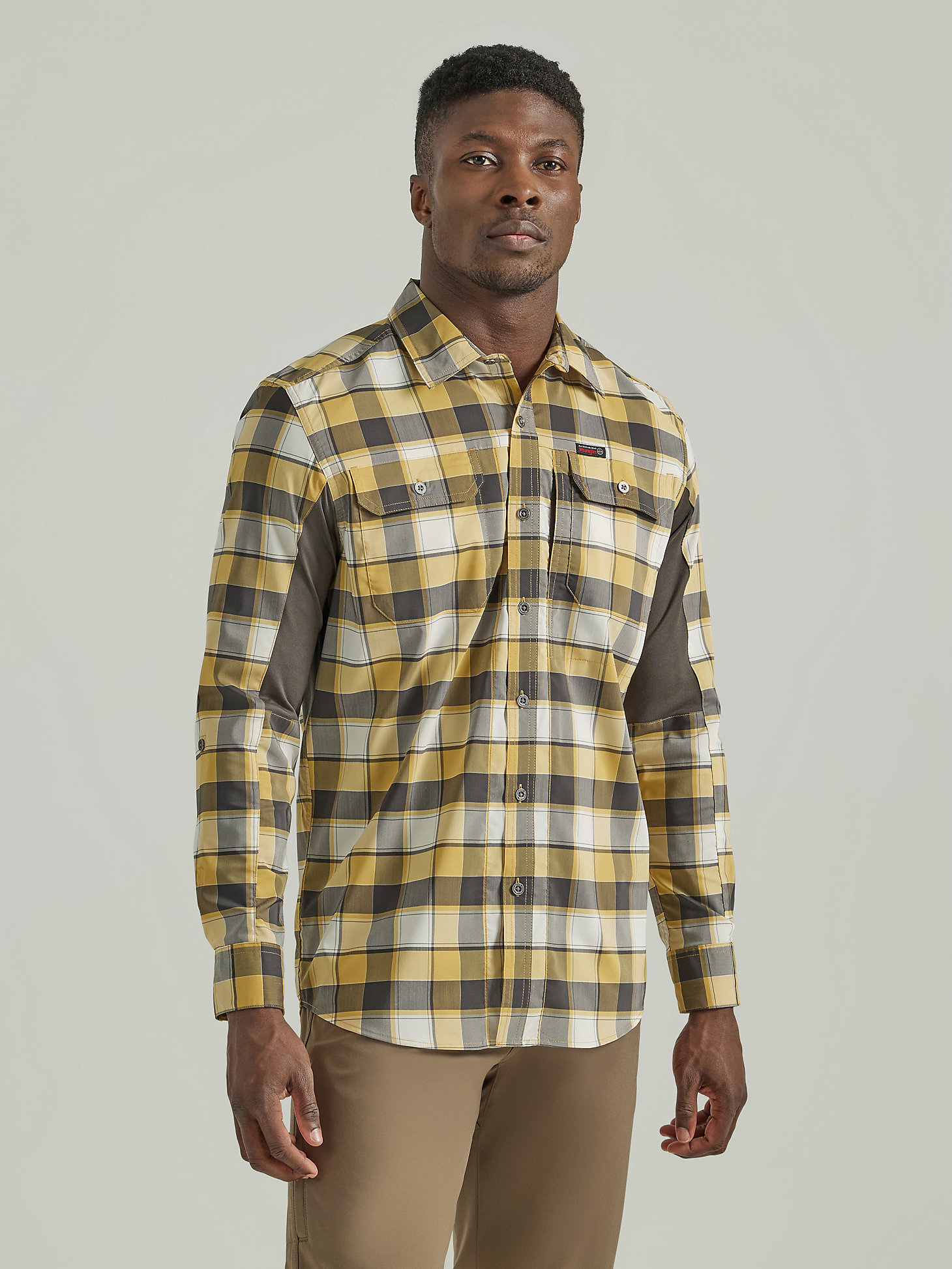 ATG By Wrangler™ Plaid Mixed Material Shirt in Travertine main view