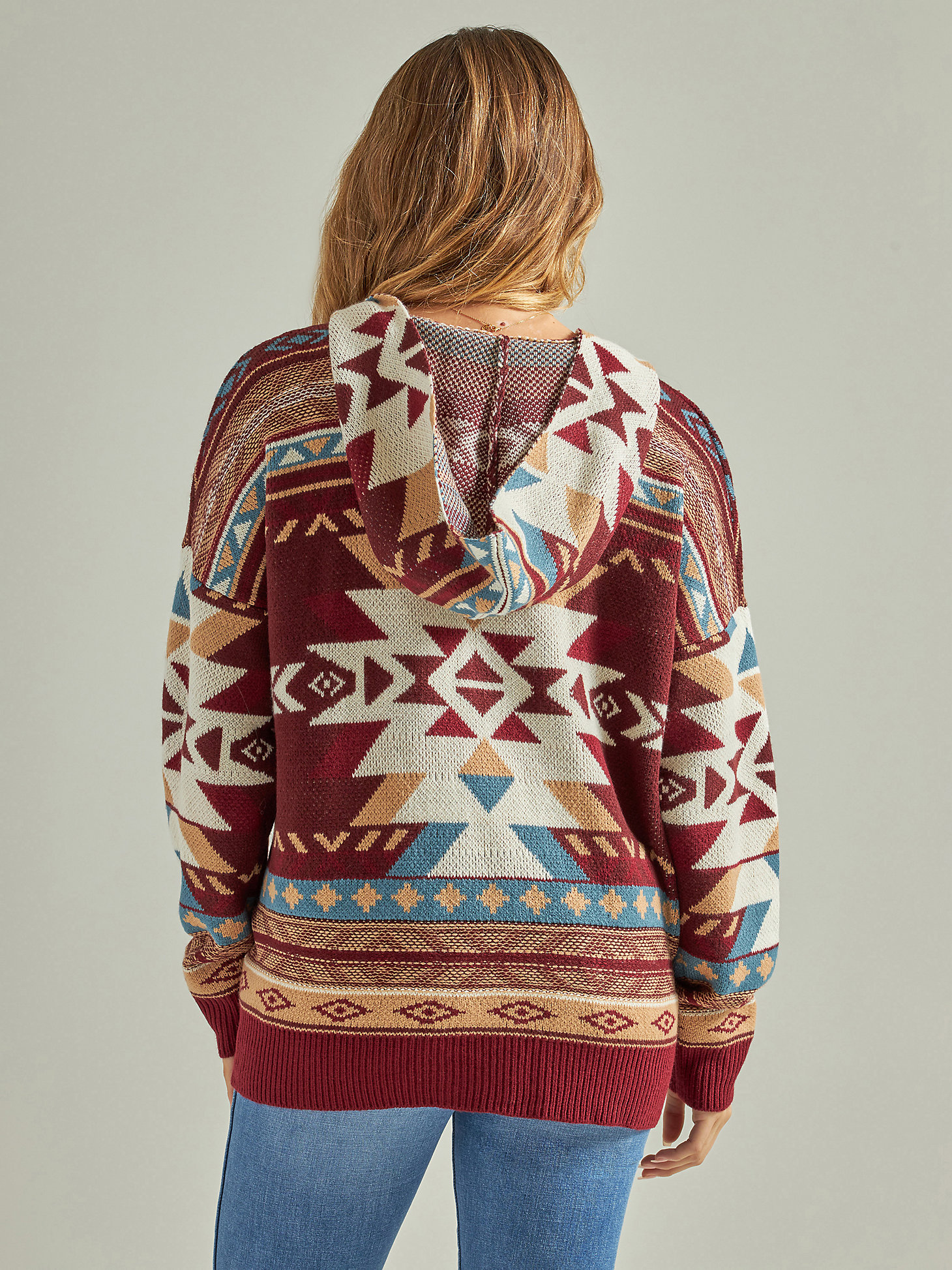 Women's Wrangler Retro® Southwestern Full Zip Hooded Sweater in Burgundy alternative view 2