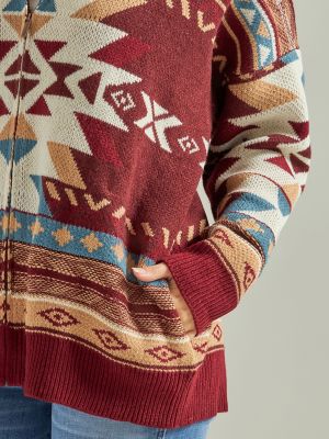 Women's Wrangler Retro® Southwestern Full Zip Hooded Sweater in Burgundy