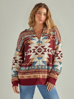 Women's Wrangler Retro® Southwestern Full Zip Hooded Sweater in Burgundy