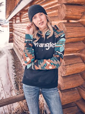 Women s Wrangler Retro Logo Southwestern Yoke Pullover Hoodie in Black