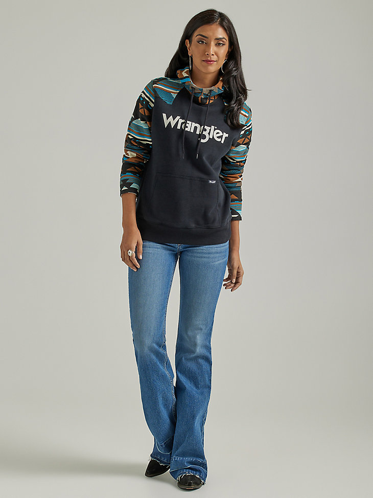 Women's Wrangler Retro® Logo Southwestern Yoke Pullover Hoodie in Black alternative view 4