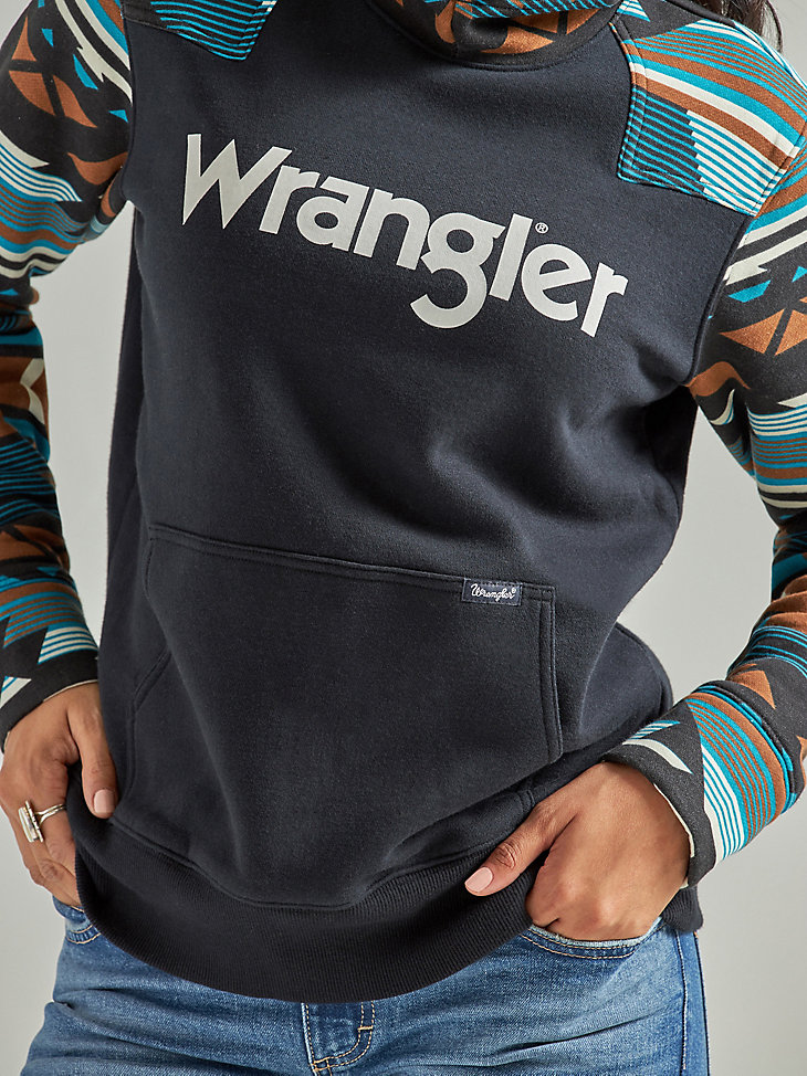 Women's Wrangler Retro® Logo Southwestern Yoke Pullover Hoodie in Black alternative view 6