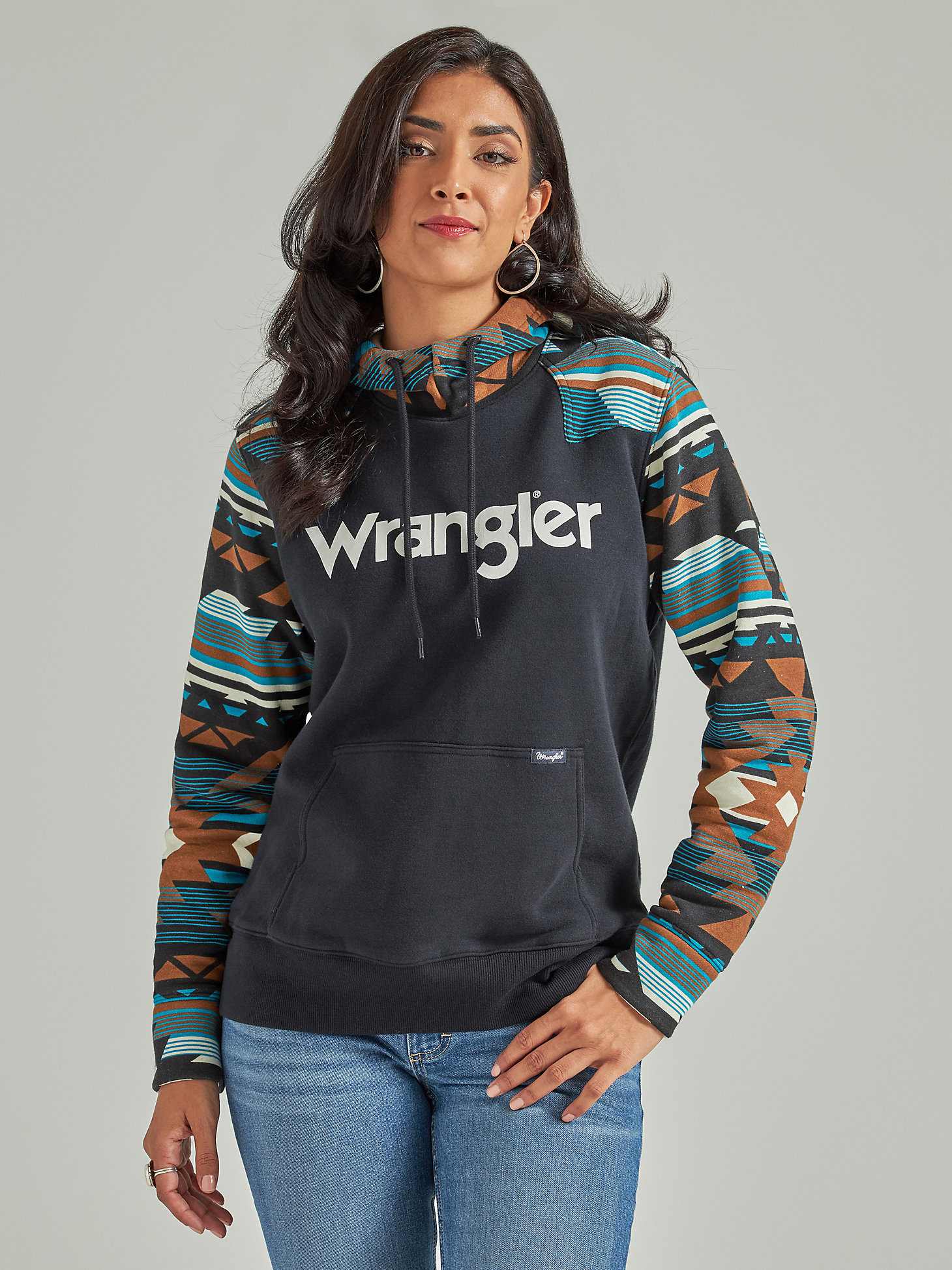 Women's Wrangler Retro® Logo Southwestern Yoke Pullover Hoodie in Black main view