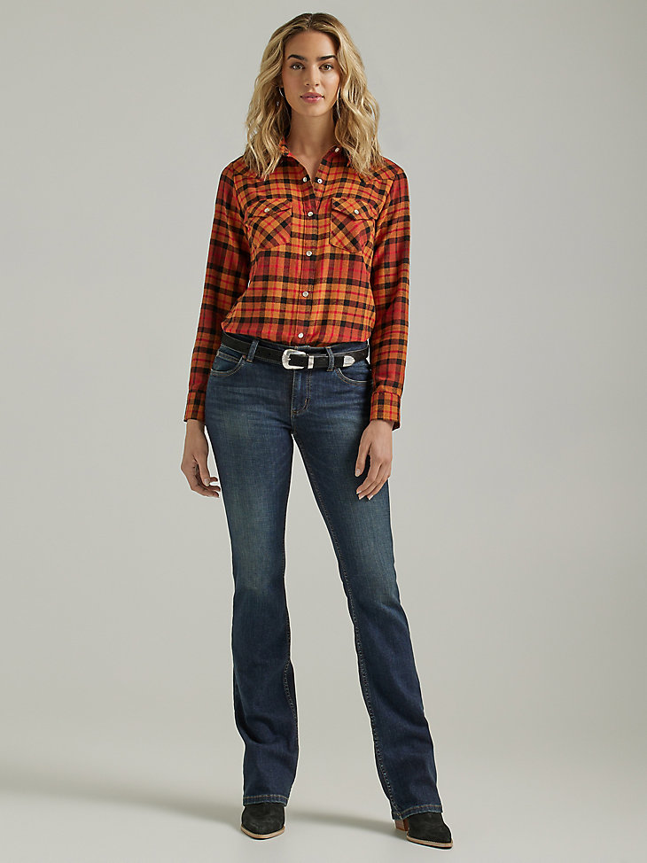Women's Essential Long Sleeve Flannel Plaid Western Snap Shirt in Adobe alternative view
