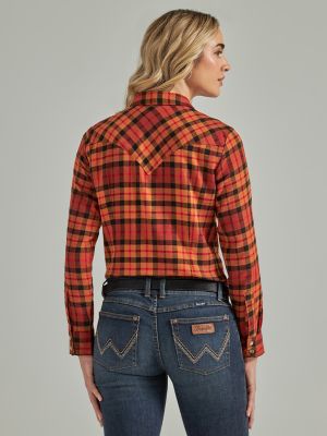 Women's Essential Long Sleeve Flannel Plaid Western Snap Shirt in Adobe