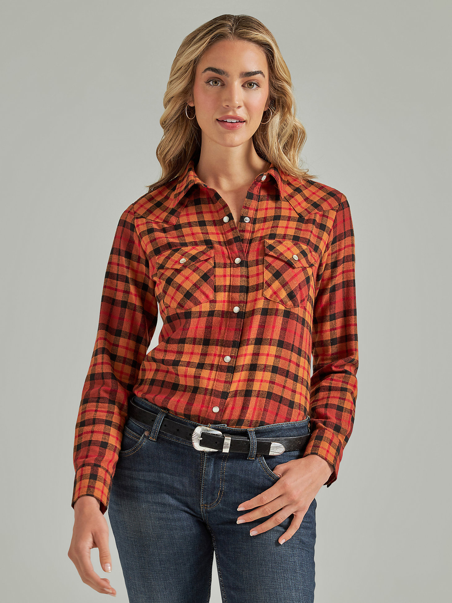 Women's Essential Long Sleeve Flannel Plaid Western Snap Shirt in Adobe main view
